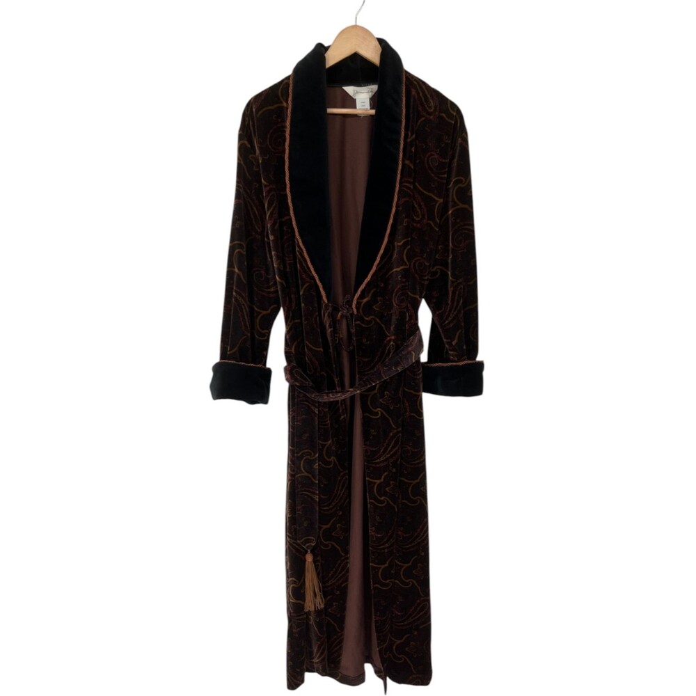 Diamond Tea Robe Womens Size Medium Brown Paisley Velvet Wrap Belted Long